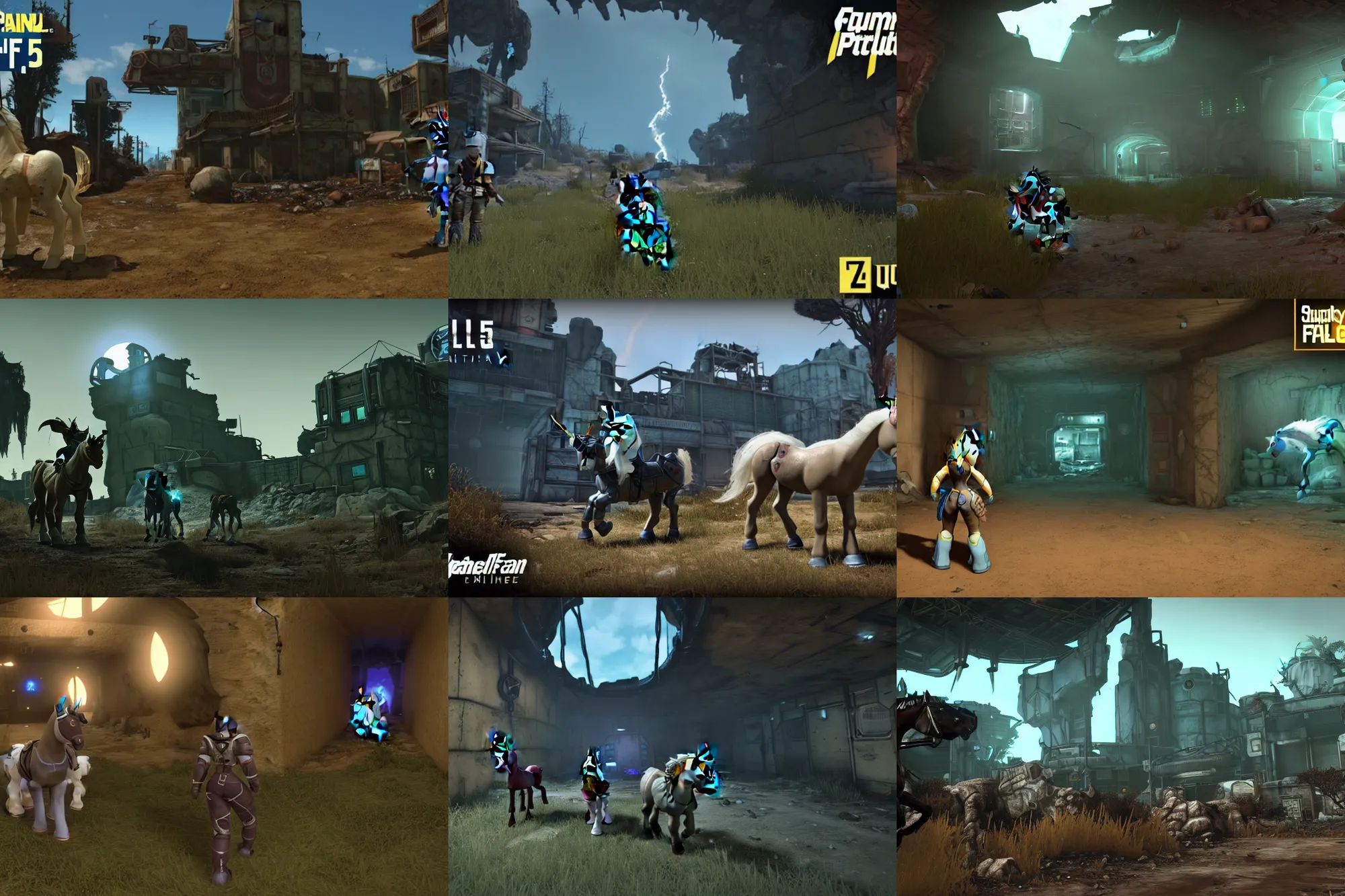 Prompt: ps 4 fps gameplay screenshot | fallout : equestria | quadrupedal, unreal engine 5, 8 k, my little pony : friendship is magic, fallout, crossover | white unicorn pony with brown mane spelunking dark decrepit vault tunnels, underground, dungeon crawling, lighting the way with her green magic