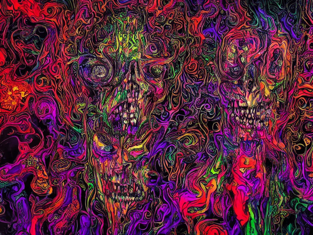 Image similar to a psychedelic tour through the hell filled with demons, dark colours, patterns, highly realistic, 4 k, 8 k, scary