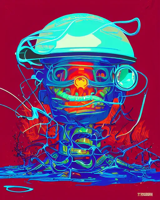 Prompt: artificial consciousness, delirium, chaotic storm of twisting liquid smoke, robot portrait, by tom whalen, dan mumford, liam brazier, peter mohrbacher, shattered glass, bubbly underwater scenery, radiant light