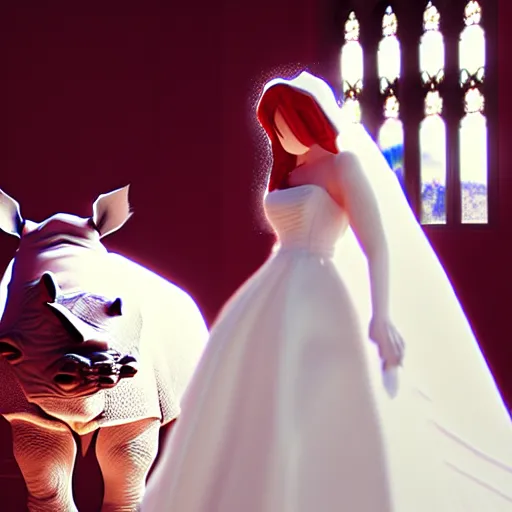 Image similar to rhinoceros wearing a wedding dress in a chapel, photo realistic, hyper detailed, cinematic lighting, polaroid