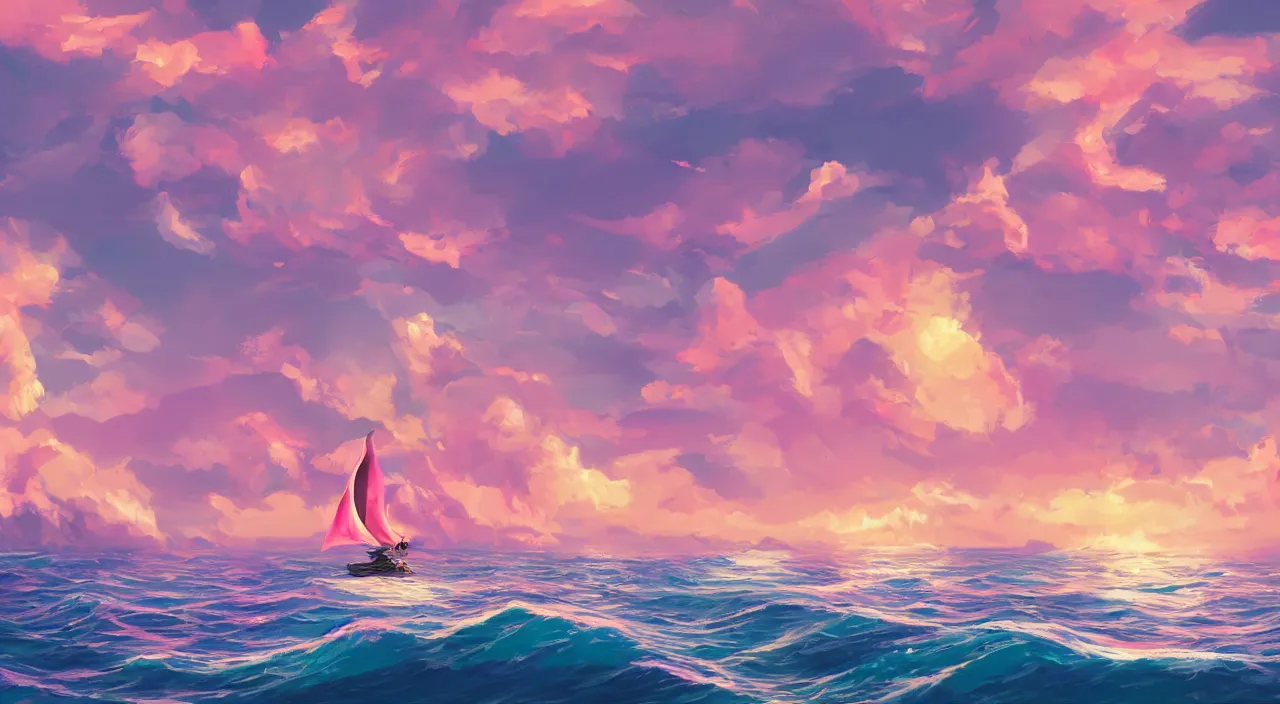 Prompt: little anthropomorphic mouse sailing, anime landscape wallpaper, rough waves, ocean cliff side, pink multicolor clouds