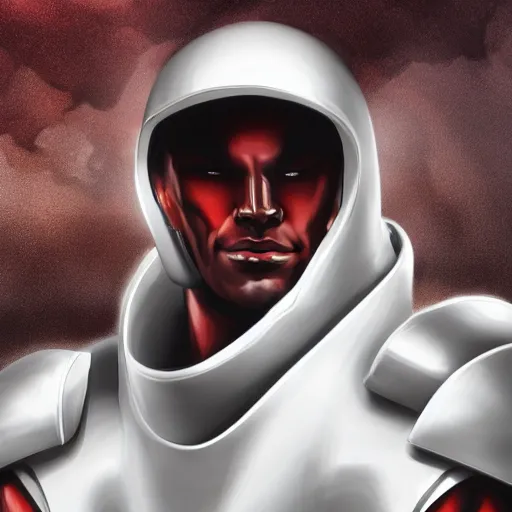 Image similar to headshot of a tall athletic muscular infantry man in glossy sleek white armor with tiny red details and a long red cape, heroic posture, strong jawline, on the surface of mars, night time, dramatic lighting, cinematic, sci-fi, hyperrealistic