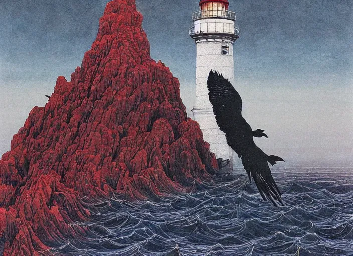 Prompt: worshippers in robes belonging to the cult of the lighthouse standing in waves with ravens flying overhead, a lighthouse, ravens, high detailed beksinski painting, part by adrian ghenie and gerhard richter. art by takato yamamoto. masterpiece, dark and moody, deep colours, blue - h 8 9 6