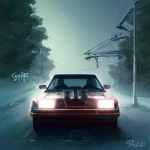 Image similar to detailed intricate digital illustration by greg rutkowski and artgerm and wlop and sanford robinson gifford ; 1 9 9 4 vehicle, 1 3 mm film, wide angle arri alfa anamorphic lens ; bright, vintage headlights and 1 9 9 0 s design ; sharp focus, soft evening lighting