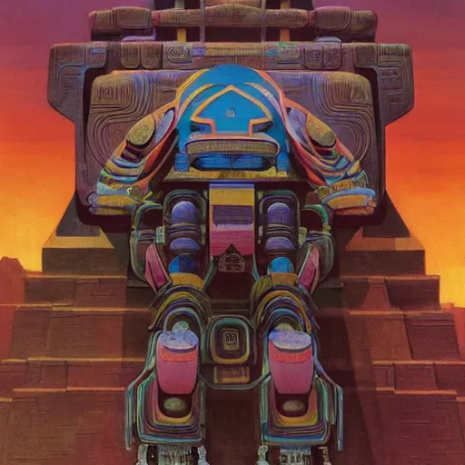 Image similar to elaborate mayan art deco mecha in mesa landscape by j. c. leyendecker, barlowe, makoto kobayashi, and beksinski