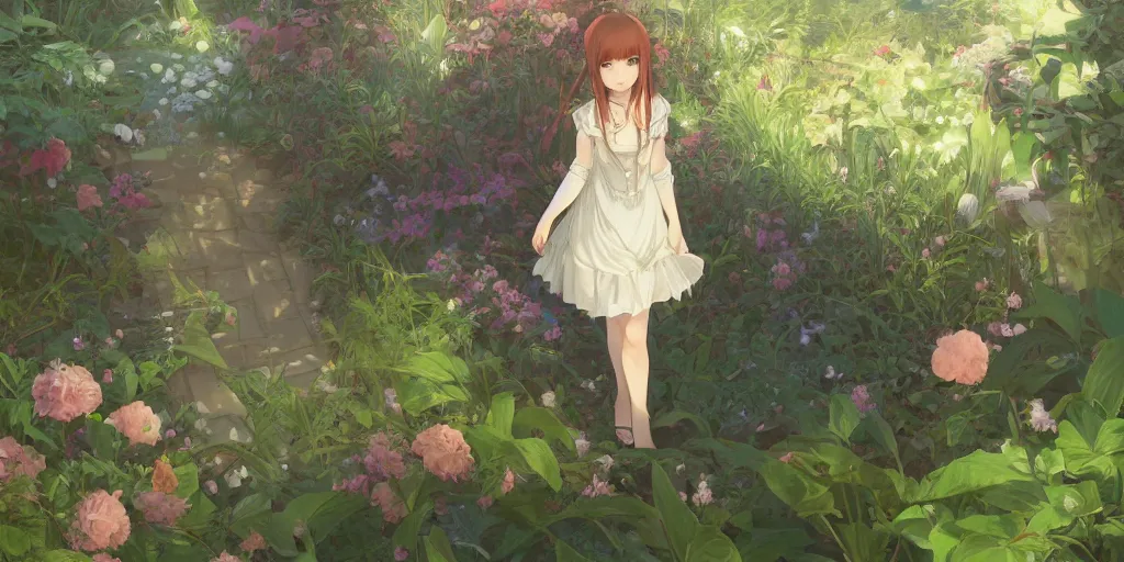 Image similar to a digital art of a loli with long hair in a dress in the privet garden at after noon, green and warm theme, back lighting, by krenz cushart and mucha and akihito yoshida and greg rutkowski and makoto shinkai, extremely long shot, detailed eyes, 4 k resolution, trending on art station