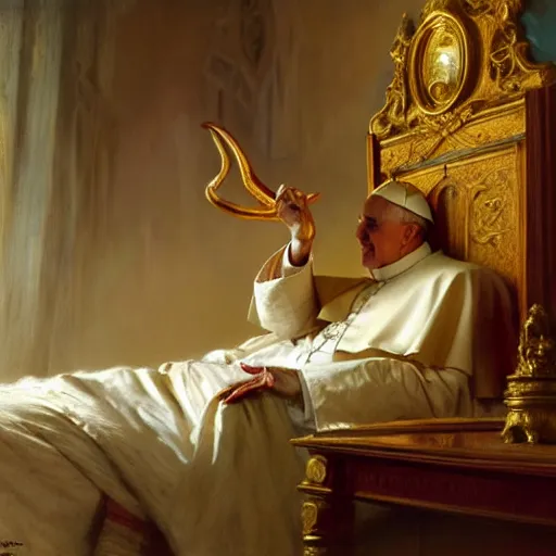 Prompt: the pope wakes up is his bed, sweating, nervous, terrified, because a double horned shadow demon lurks in the papal bedroom. highly detailed painting by gaston bussiere, j. c. leyendecker, greg rutkowski, craig mullins 8 k