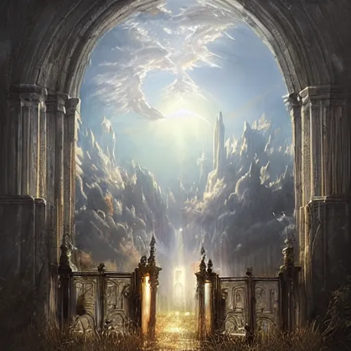 Image similar to the gates of heaven, hyper realistic, in the style of greg rutkowski, fantasy, amazing detail