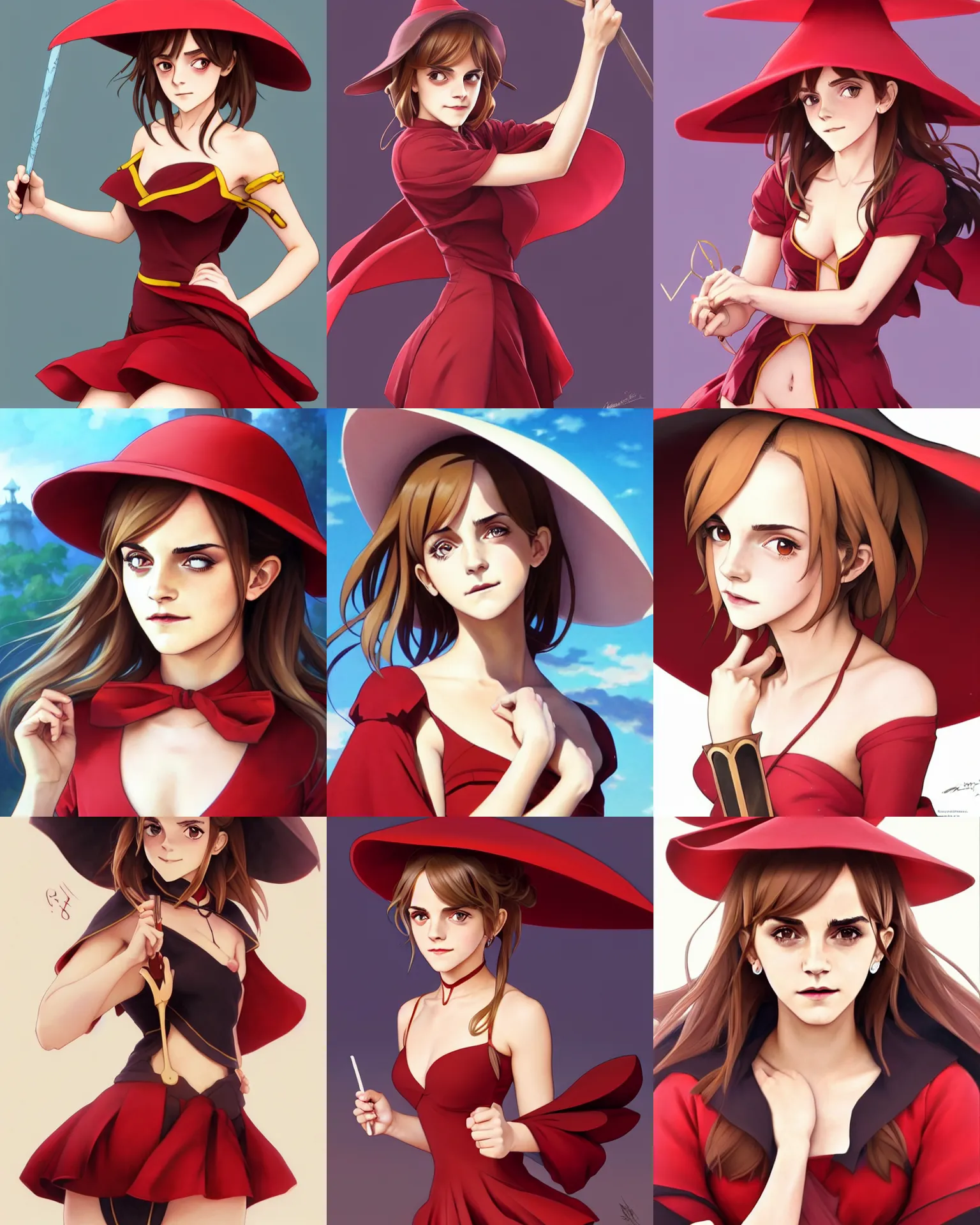 Prompt: Sensual beautiful perfect Emma Watson as Megumin , red dress and magic witch hat , loli , portrait , elegant , intricate , digital painting , artstation , spoon slim figure, seductive smile , full body shot , concept art , smooth , sharp focus , illustration , KonoSuba anime style , art by artgerm and greg rutkowski and alphonse mucha