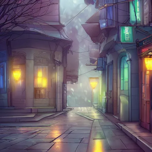 Image similar to a beautiful lonely street from an anime movie, romantic atmosphere, in the style of Tue Tue from ArtStation, digital art, 4k,