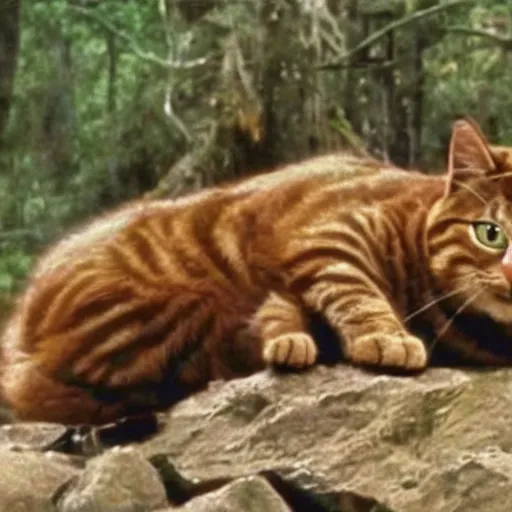 Prompt: A still of Garfield the cat in Rambo First Blood (1982)