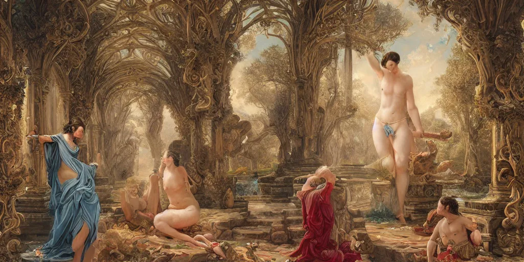 Image similar to a stunning and noble highly detailed romantic period style painting of the place where gods come into being by james jean, josep tapiro baro and harles sillem lidderdale, trending on artstation, oil painting masterpiece, symmetry, rule of thirds, mysterious