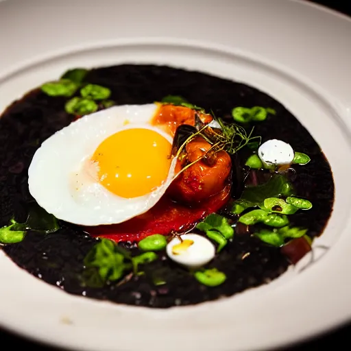 Prompt: black pudding ceviche in leche de tigre, roasted tomatoes, fried egg, chili oil, michelin starred restaurant, award winning photography, noma, by rene redzepi, by pierre gagnaire, food photography, highly detailed, culinary plating