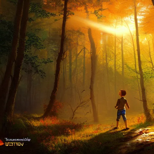 Prompt: adventure boy in a forest during the golden hour in autumn, volumetric sun rays and dust, highly detailed 4K fantasy matte painting by Thomas Kinkade, ArtStation, CGSociety, Unreal Engine