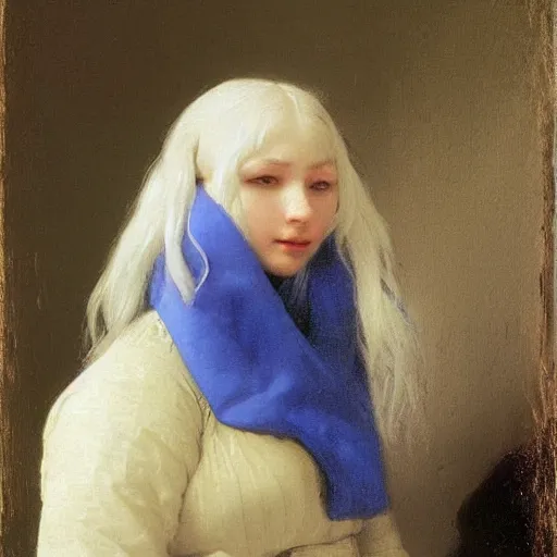 Image similar to a young woman’s face, her hair is white, she wears a cobalt blue cloak, by ivan aivazovsky and pieter claesz and paul delaroche and alma tadema and august malmstrom and and willen claesz heda and aelbert cuyp and gerard ter borch, contrapposto, hyperrealistic, volumetric light, rendered in octane, c4d