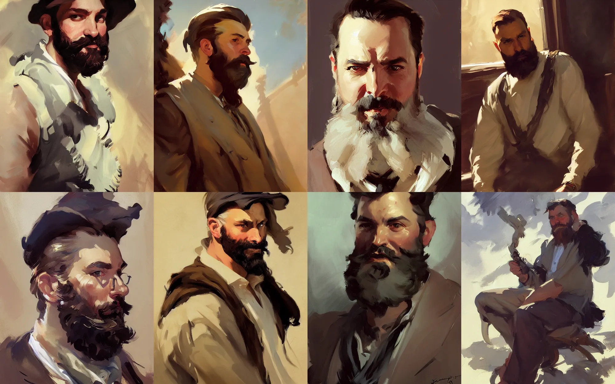 Image similar to portrait of bearded man traveler greg manchess painting by by sargent and leyendecker, d & d, fantasy, medium shot, asymmetrical, intricate, elegant, matte painting, illustration, hearthstone, by greg rutkowski, by greg tocchini, by james gilleard, by joe fenton