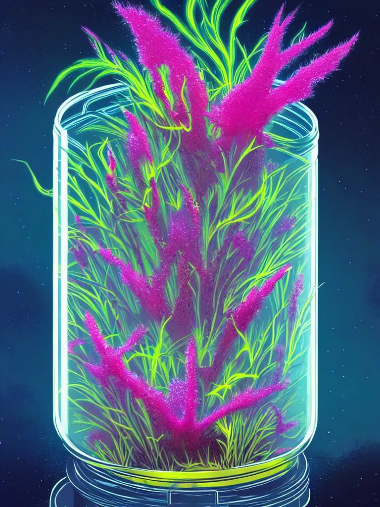 Image similar to concept art. illustration. sci - fi. multicolour strange weird plants and flowers from a different planet in a closed jar. high sci - fi. holographic, beautiful, ethereal