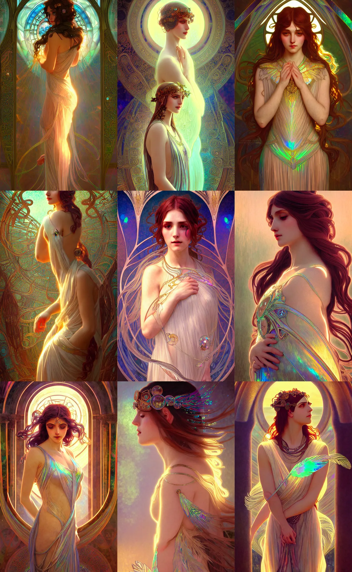 Prompt: ancient greek culture female, ecopunk art nouveau architecture, iridescent and opalescent, twilight, refractive crystal, elegant, feather hair ornaments, highly detailed, digital painting, glowing particles, misty, cinematic lighting, god rays, smooth, sharp focus, art by nixeu, by wlop, by alphonse mucha.
