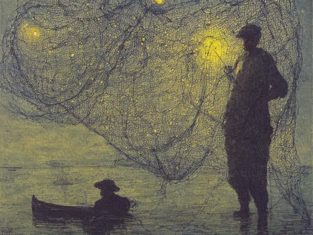 Image similar to painting by mikalojus konstantinas ciurlionis. portrait of fisherman with net at night with fireflies