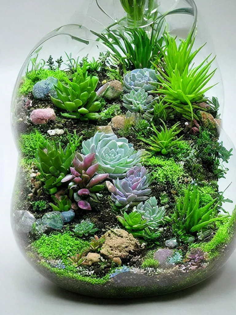 Prompt: terrarium with plants from a different planet. holographic, beautiful, ethereal