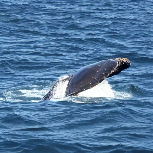 Image similar to a turtle riding a whale in the sea , photo