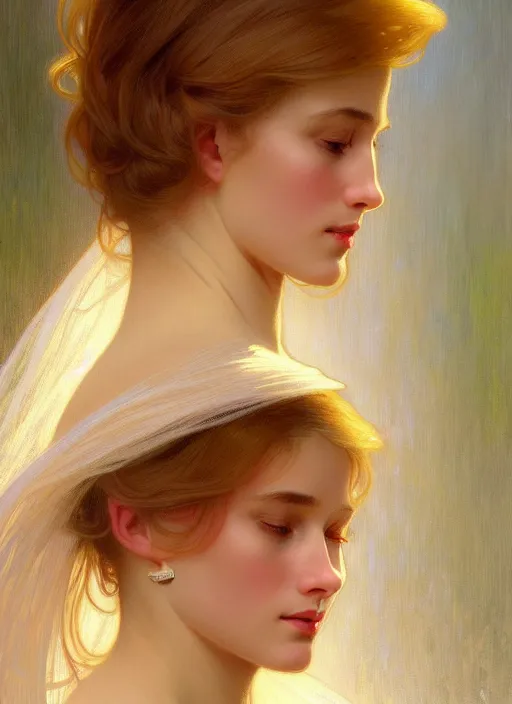 Image similar to painted portrait of a shy wife blessed by god to grow immaculately attractive and perfect. blonde, clothed holy body, light effect. modern fantasy, feminine, fertile, in clothes! highly detailed, intricate, elegant, fertility, concept art, digital painting, artstation, smooth, sharp focus, illustration, art by gaston bussiere and alphonse mucha