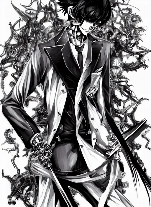 Prompt: shin megami tensei art of a demon that is a skeleton mafia gangster, art by kazuma kaneko, demonic! compedium!, digital drawing, law - alligned, white background, high quality, highly detailed