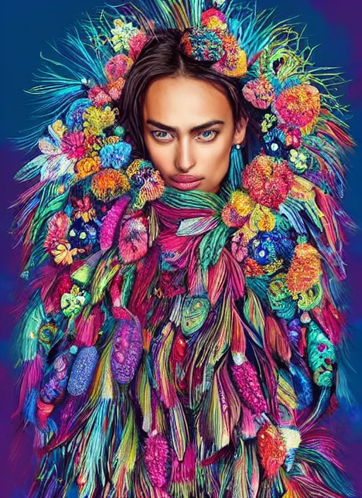 Image similar to beautiful portrait of Irina Shayk wearing fantastic Hand-dyed cotton dress,embellished beaded feather decorative fringe knots ,colorful pigtail,subtropical flowers and plants,symmetrical face,intricate,elegant,highly detailed,8k,post-processing,digital painting,trending on pinterest,harper's bazaar,concept art, sharp focus, illustration, by artgerm,Tom Bagshaw,Lawrence Alma-Tadema,greg rutkowski,alphonse Mucha