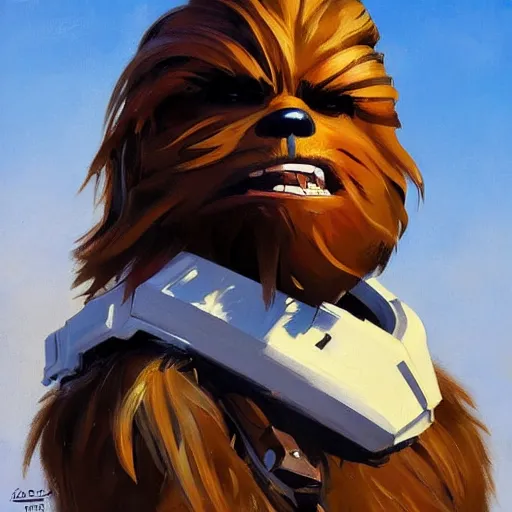 Image similar to greg manchess portrait painting of chewbacca as overwatch character, medium shot, asymmetrical, profile picture, organic painting, sunny day, matte painting, bold shapes, hard edges, street art, trending on artstation, by huang guangjian and gil elvgren and sachin teng