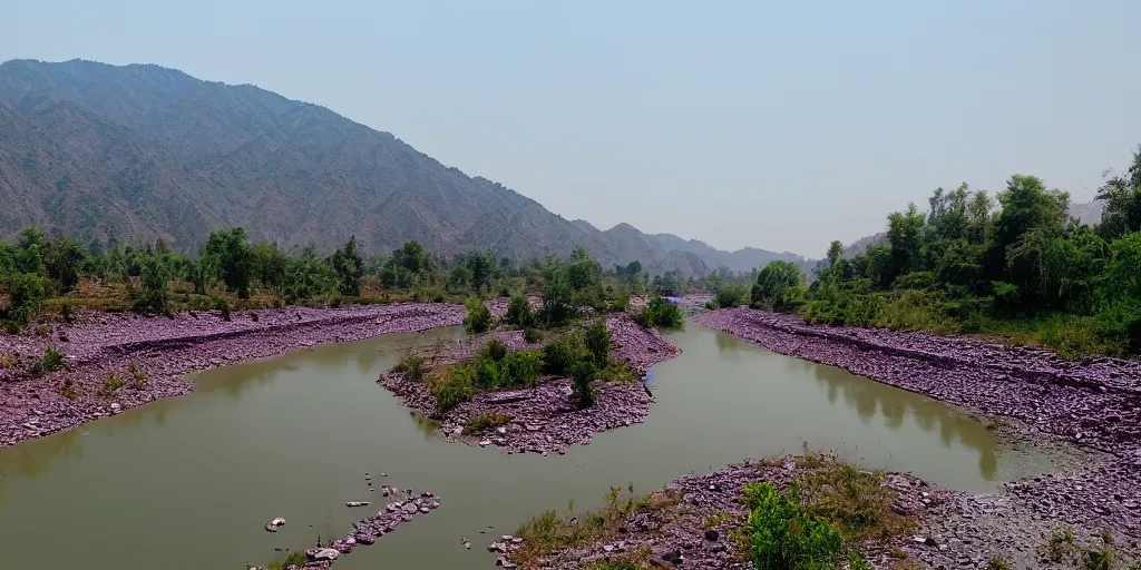 Image similar to still film of tawi river in jammu with purple landscape, 8 k, intricate, elegant