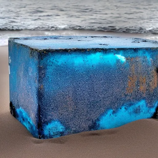 Image similar to refrigerator made of blue sand on the beach with a nebula inside