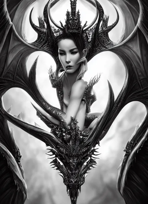 Prompt: detailed black and white 3 d render of beautiful fantasy dragon queen made of iridescent smoke, dark fantasy, sharp focus, vibrant, vivid, magical shiny skin, symmetry, highly detailed, 4 k digital painting, detailed skin, crystal, magical, raytracing, plasma, artistic, concept art by artgerm, alphonse mucha, unreal engine render