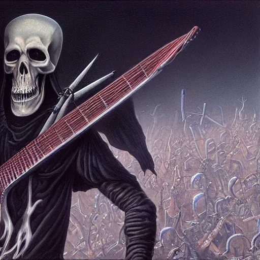 Image similar to the grim reaper playing in a heavy metal band, live on stage, photorealism, by Wayne Barlowe