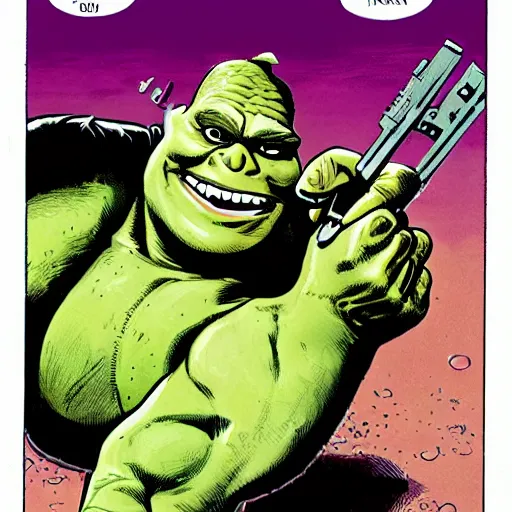 Image similar to terminator killing shrek, illustration by Jack Kirby