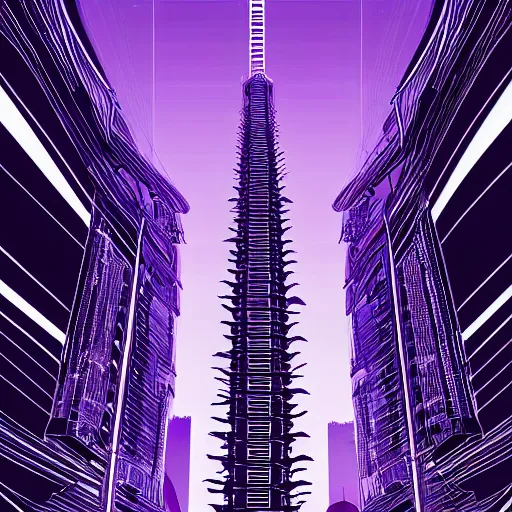 Image similar to Futuristic Pagoda Shrine in Tokyo megapolis in style of Tsutomu Nihei in purple and black tones. ArtStation, Cyberpunk, vertical symmetry, 8K, Highly Detailed, Intricate, Album Art.