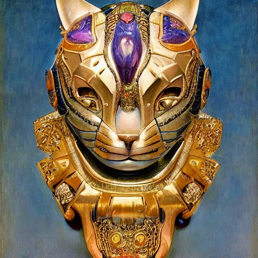 Prompt: masterpiece sculpture of an ornate bejeweled robot cat head, by annie swynnerton and diego rivera and nicholas roerich and jean delville, symbolist, dramatic lighting, god rays, elaborate geometric ornament, art brut, rich colors, smooth, sharp focus, extremely detailed, adolf wolfli and ( donato giancola )