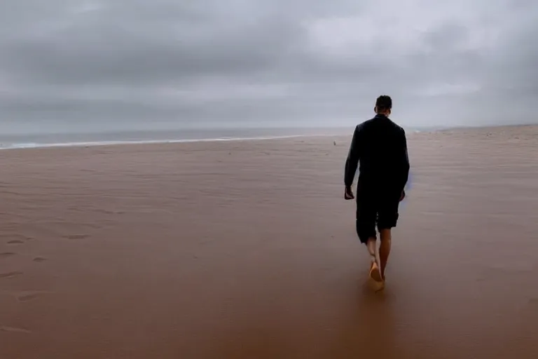 Image similar to a cinematic wide angle shot of a man in his early twenties walking on the sand towards the camera with his head down, sea behind him, in the 2 0 2 1 movie dune, the sand is in the form of a wave, stormy weather, dry, film still, cinematic, dramatic lighting, by zack snyder