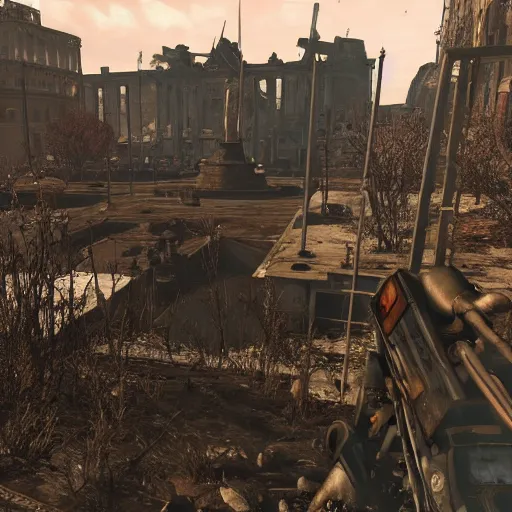 Prompt: vatican city in ruins post - nuclear war in fallout 4, in game screenshot