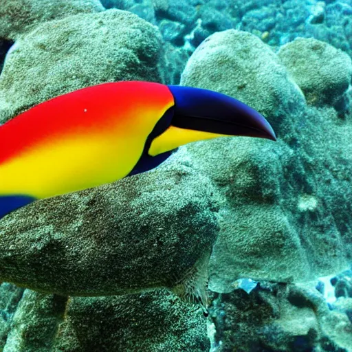 Prompt: photo of a fish in the ocean that looks like a toucan