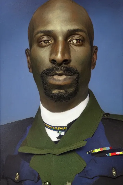 Image similar to facial portrait of the dictator of the minnesota timberwolves, 1 8 8 9, in full military garb, midnight blue, aurora green, lake blue, moonlight grey, kevin garnett, oil on canvas by william sidney mount, trending on artstation