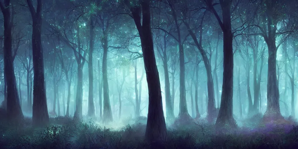 Image similar to beautiful matte painting of a colorful fantasy dark forest at night