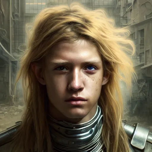 Image similar to portrait painting of a post - apocalyptic blonde teenager with matted long hair wearing light scrap armor with an old gun on his back, ultra realistic, concept art, intricate details, eerie, highly detailed, photorealistic, octane render, 8 k, unreal engine. art by artgerm and greg rutkowski and charlie bowater and magali villeneuve and alphonse mucha