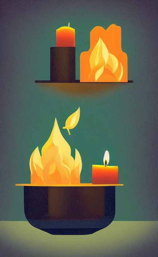 Image similar to illustration with beautiful scented candles, close - up photo in cozy interior, candle lighting, shadow play, light refraction, mirror, glowing, an art deco painting by tom whalen, trending on behance, art deco, digital illustration, storybook illustration, grainy texture, flat shading, vector art, airbrush, pastel, watercolor, poster