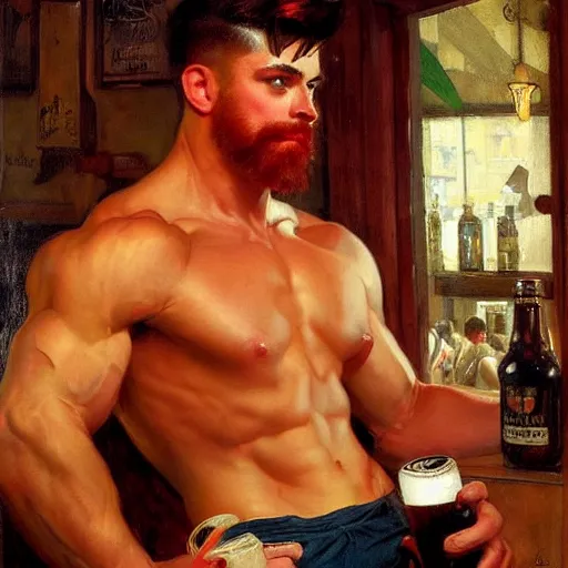 Prompt: attractive muscular male with red hair, shorts, and muscular attractive male with black hair, pants, drinking their hearts out, in a pub. very defined and highly detailed painting by j. c. leyendecker, gaston bussiere, craig mullins 8 k