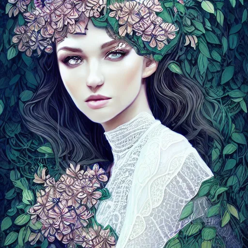 Image similar to a picture of a beautiful woman with a symmetrical detailed face, dressed in a white lace dress and covered in flowers and leaves sitting in an enchanted forest, sunset, high fantasy, elegant, epic, detailed, intricate, digital painting, concept art, realistic detailed face, smooth, focus,