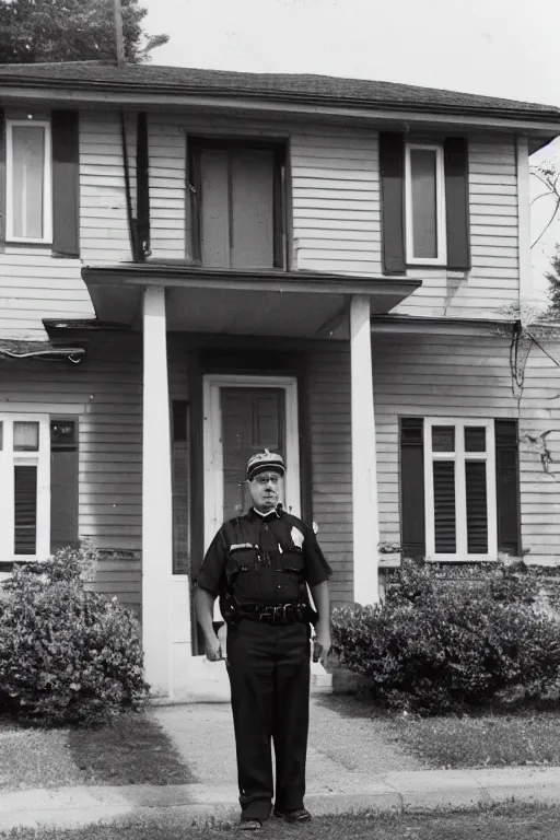 Prompt: a 5 0's police officer in front of the house, residential neighborhood