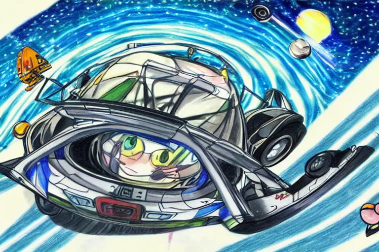 Image similar to anime drawing of a car race on the rings of saturn