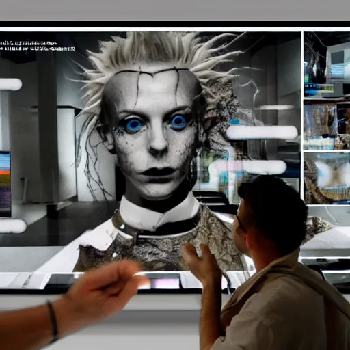 Prompt: art curator looking at a screen with a chat interface, recursive, in the style of grand chamaco and stanley kubrick, inspired by die antwoord, photorealistic, epic, super technical, cinematic still