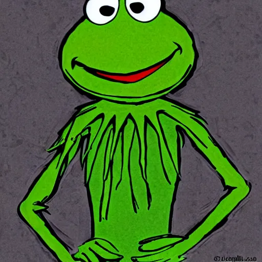 Image similar to Kermit the Frog from Sesame Street in the style of Junji Ito