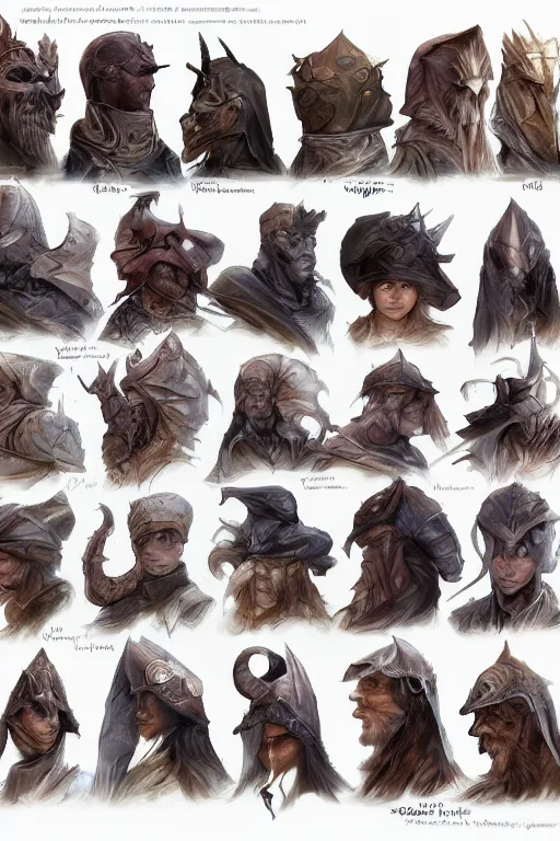 Image similar to item concept art grid of wizard headgear by artgerm and Craig Mullins, James Jean, Andrey Ryabovichev, Mark Simonetti and Peter Morbacher 16k